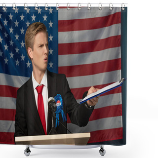 Personality  Emotional Man Holing Clipboard On Tribune On American Flag Background Shower Curtains