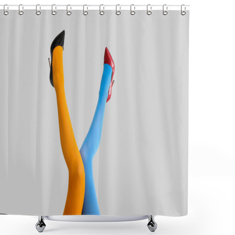 Personality  Legs Of Beautiful Young Woman In Tights And High-heeled Shoes On Light Background Shower Curtains
