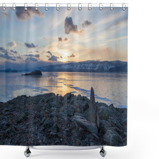 Personality  View Of Lake With Ice Surface And Rocks Formations On Shore On Sunset ,russia, Lake Baikal    Shower Curtains