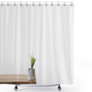 Personality  Green Potted Plant On Wooden Table On White  Shower Curtains