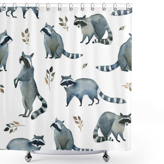 Personality  Watercolor Illustration Of Gray Wild Raccoon And Leaves On White Background. Realistic Forest Animal Sketch. Seamles Pattern About Many Of Raccoons Shower Curtains