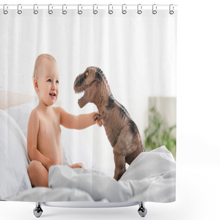 Personality  Cute Little Child Sitting On Bed, Smiling And Holding Brown Toy Dinosaur  Shower Curtains