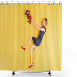 Personality  Cheerful Young Woman In Dress Posing With Flowers On Yellow Background Shower Curtains