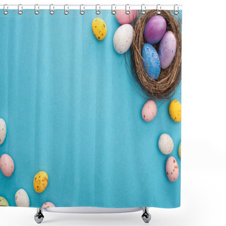 Personality  Top View Of Colorful Chicken And Quail Eggs With Nest On Blue Background Shower Curtains