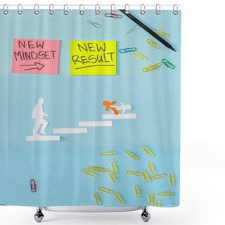 Personality  Top View Of Sticky Notes With New Mindset And New Result Lettering With Paper Clips, Pencil And Decorative Men On Career Ladder On Blue  Shower Curtains