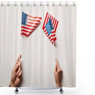 Personality  Cropped View Of Woman And Man Holding American Flags On White Background  Shower Curtains