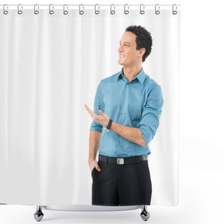 Personality  Smiling Businessman Presenting Shower Curtains