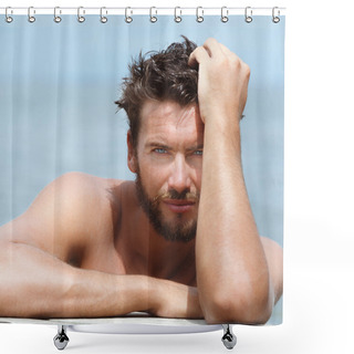 Personality   Handsome Man With No Shirt Posing At The Sea  Shower Curtains