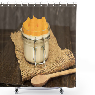 Personality  Panna Cotta Classical Italian Desert With Peaches In A White Jar On A Brown Wooden Background On Sackcloth Whith One Spoon Shower Curtains
