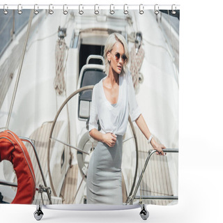 Personality  Beautiful Young Blonde Woman In Sunglasses Standing On Yacht Shower Curtains