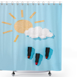 Personality  Top View Of Paper Sun, Cotton Candy Cloud And Lipstick Raindrops On Blue Shower Curtains