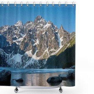 Personality  View Of Snow Covered Mountain Peaks Over Lake Water, Morskie Oko, Sea Eye, Tatra National Park, Poland Shower Curtains
