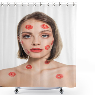 Personality  Red Kiss Prints On Cheeks And Body Of Young Woman Isolated On White Shower Curtains