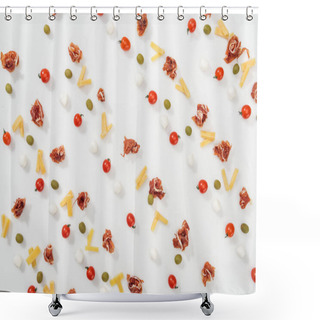 Personality  Top View Of Olives, Prosciutto, Mozzarella, Cut Cheese And Cherry Tomatoes Shower Curtains