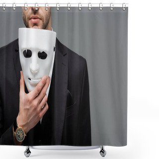 Personality  Cropped View Of Businessman Holding Face Mask Isolated On Grey Shower Curtains