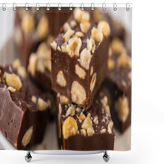 Personality  Homemade Chocolate Hazelnut Fudge Square Pieces On A White Plate. Shower Curtains