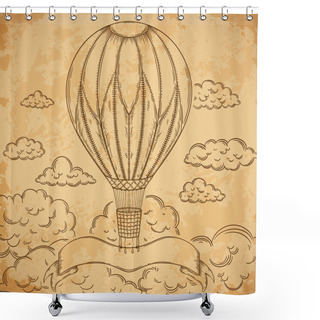 Personality  Vintage Airship With Ribbon And Clouds On Aged Paper Background. Cartoon Steampunk Styled Flying Airship. Retro Vector Hand Drawn Illustration. Shower Curtains