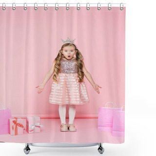 Personality  Full Length Of Shocked Little Girl In Crown Standing Near Presents And Shopping Bags On Pink  Shower Curtains