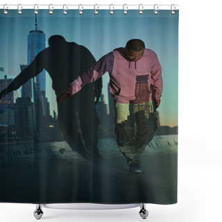 Personality  Good Looking African American Man With Beard In Pink Hoodie Waking Looking Down, Fashion Concept Shower Curtains