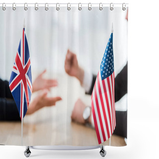 Personality  Selective Focus Of Flags Of Usa And United Kingdom Near Diplomats  Shower Curtains