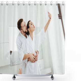 Personality  Cheerful Woman With Duck Face Taking Selfie While Standing With Boyfriend In Bathroom  Shower Curtains