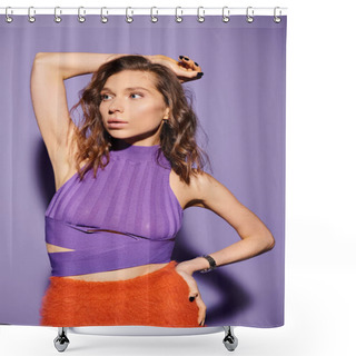Personality  A Stylish Young Woman In A Purple Top And Orange Skirt Stands Confidently Against A Vibrant Purple Background. Shower Curtains