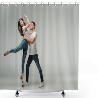 Personality  Dancers In T-shirts And Jeans Dancing Bachata On Grey Background  Shower Curtains