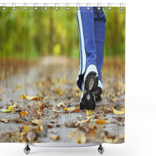Personality  Woman Walking Cross Country Trail In Autumn Forest Shower Curtains