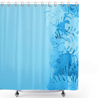 Personality  Top View Of Paper Leaves On Blue Minimalistic Background With Copy Space Shower Curtains