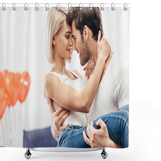 Personality  Selective Focus Of Attractive Girlfriend And Handsome Boyfriend Holding And Kissing At Home On Valentines Day Shower Curtains