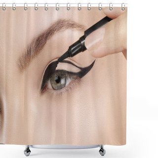 Personality  Beautiful Model Applying Eyeliner Closeup On Eye Shower Curtains