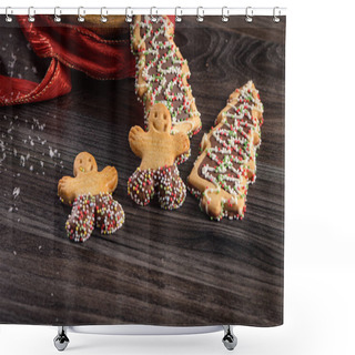 Personality  Christmas Holiday Background With Gingerbread Cookies, Candy Canes And Evergreens Over Wooden Table. Christmas And New Year Food. Christmas Decoration And Sweets On Wood Background. Shower Curtains