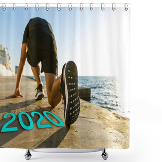 Personality  Young Runner Standing In Start Position On Embankment Near 2020 Lettering Shower Curtains