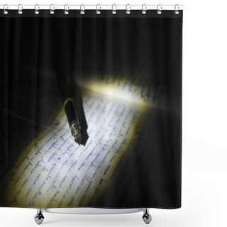 Personality  An Old Fountain Pen Resting On A Manuscript Shower Curtains
