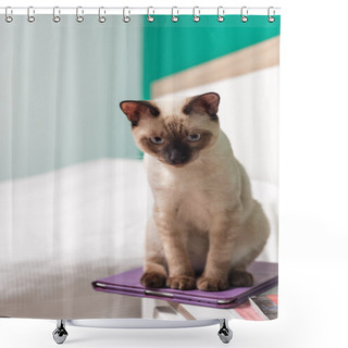 Personality  Thai Cat Sitting On Tablet In The Room, Waiting For The Host. Shower Curtains
