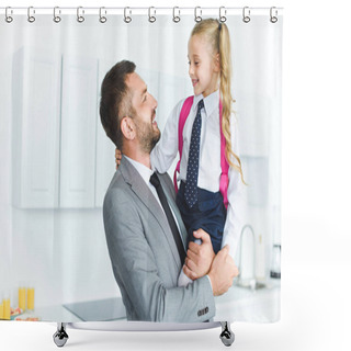 Personality  Portrait Of Happy Father In Suit Holding Daughter In School Uniform With Backpack On Hands In Kitchen, Back To School Concept Shower Curtains