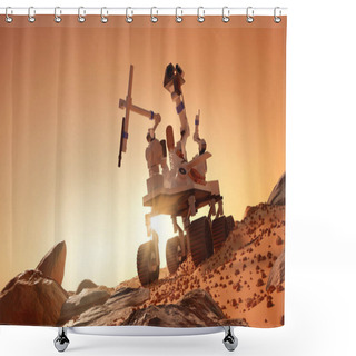 Personality  Exploring And Learning About The Planet Mars. A Rover Exploring The Martian Surface. 3D Illustration. Shower Curtains