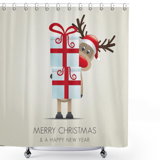 Personality  Reindeer Christmas Gift Box With Red Ribbon Shower Curtains