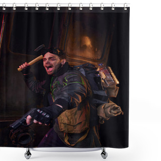 Personality  Screaming Man Armed With Axe And Gun Defending In Abandoned Subway, Post-apocalyptic Survival Shower Curtains