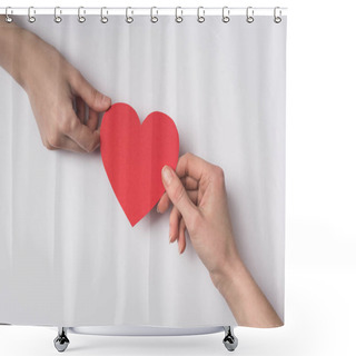 Personality  Cropped View Of Women Holding Red Heart On White Background Shower Curtains