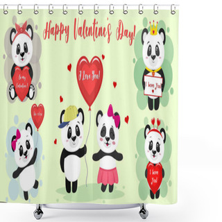 Personality  Happy Valentine S Day. Set Of Six Characters Cute Pandas In Various Poses And Accessories In A Cartoon Style. With A Red Heart, Balloon, Letter. Flat Design Vector Shower Curtains