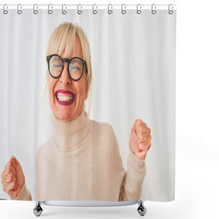Personality  Middle Age Woman Wearing Turtleneck Sweater And Glasses Over Isolated White Background Very Happy And Excited Doing Winner Gesture With Arms Raised, Smiling And Screaming For Success. Celebration Concept. Shower Curtains