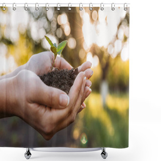 Personality  Partial View Of Woman Holding Plant With Ground In Hand Palms  Shower Curtains
