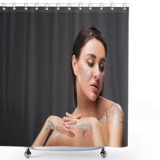 Personality  Sensual Young Woman With Clenched Hands And Sparkling Glitter On Cheeks Isolated On Grey  Shower Curtains