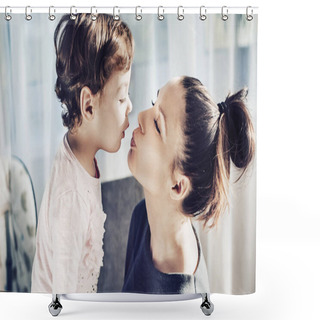 Personality  Portrait Of A Mother Kissing Her Beloved Child Shower Curtains