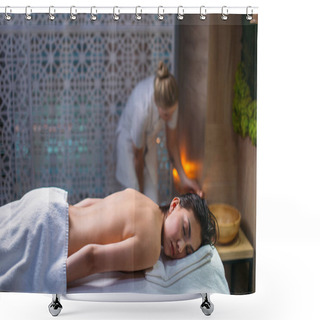 Personality  Close Up Portrait Of Sleeping Woman After Massage In The Spa Salon Shower Curtains