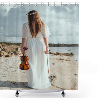 Personality  Back View Of Girl In Elegant White Dress Holding Violin On Seashore Shower Curtains