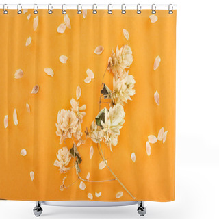 Personality  Twig With Dry Hop Seed Cones Near Petals Isolated On Yellow Background Shower Curtains