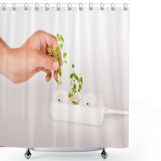 Personality  Cropped View Of Man Holding Green Plant Near Socket In Power Extender On White Background Shower Curtains