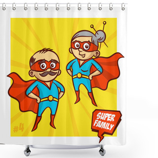Personality  Super Family. Grandfather And Grandmother Superheroes. Vector Illustartion Shower Curtains